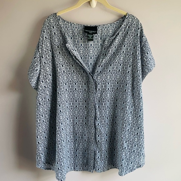 Cynthia Rowley Blouse Top Navy Blue Silver Geometric Floral Flowy Office Plus 2X - Picture 1 of 6